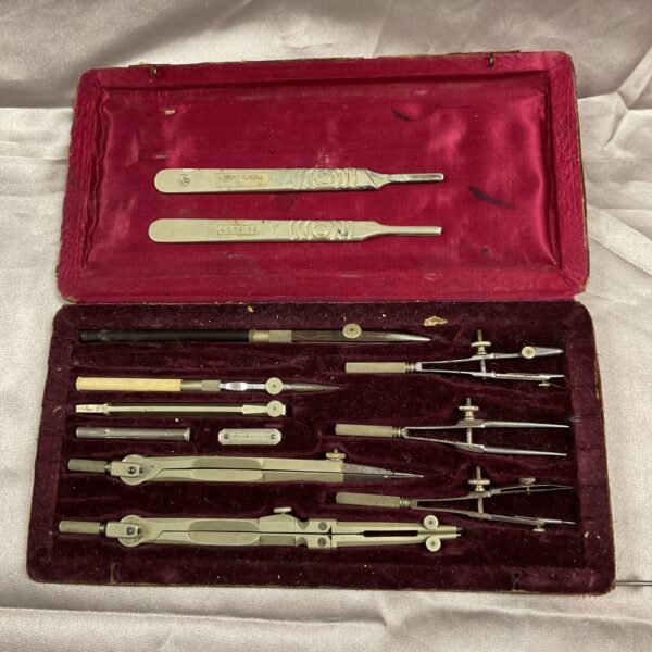 Antique F Webber Philadelphia drawing instrument set in wooden case.