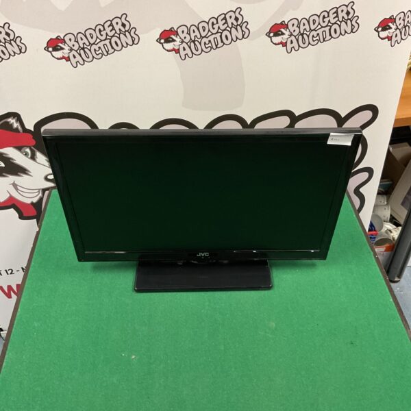 JVC flatscreen television with built-in DVD player, front view.