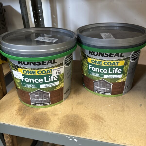 Two sealed tubs of Ronseal charcoal grey fence life paint.