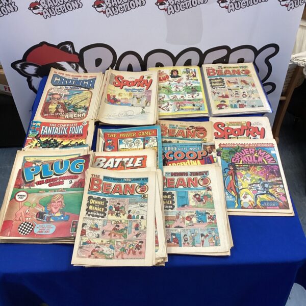 Vintage comic collection featuring Beano, Sparky and Marvel comics.
