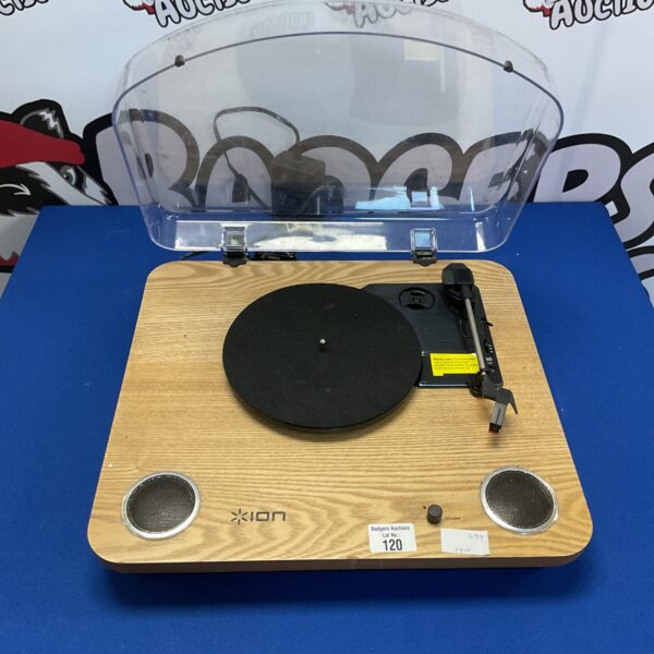 Vintage Ion record player with built-in speakers for vinyl records.