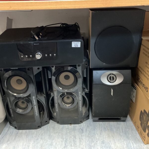 Vintage speaker system with Kitsound amplifier and Bose, Panasonic speakers.