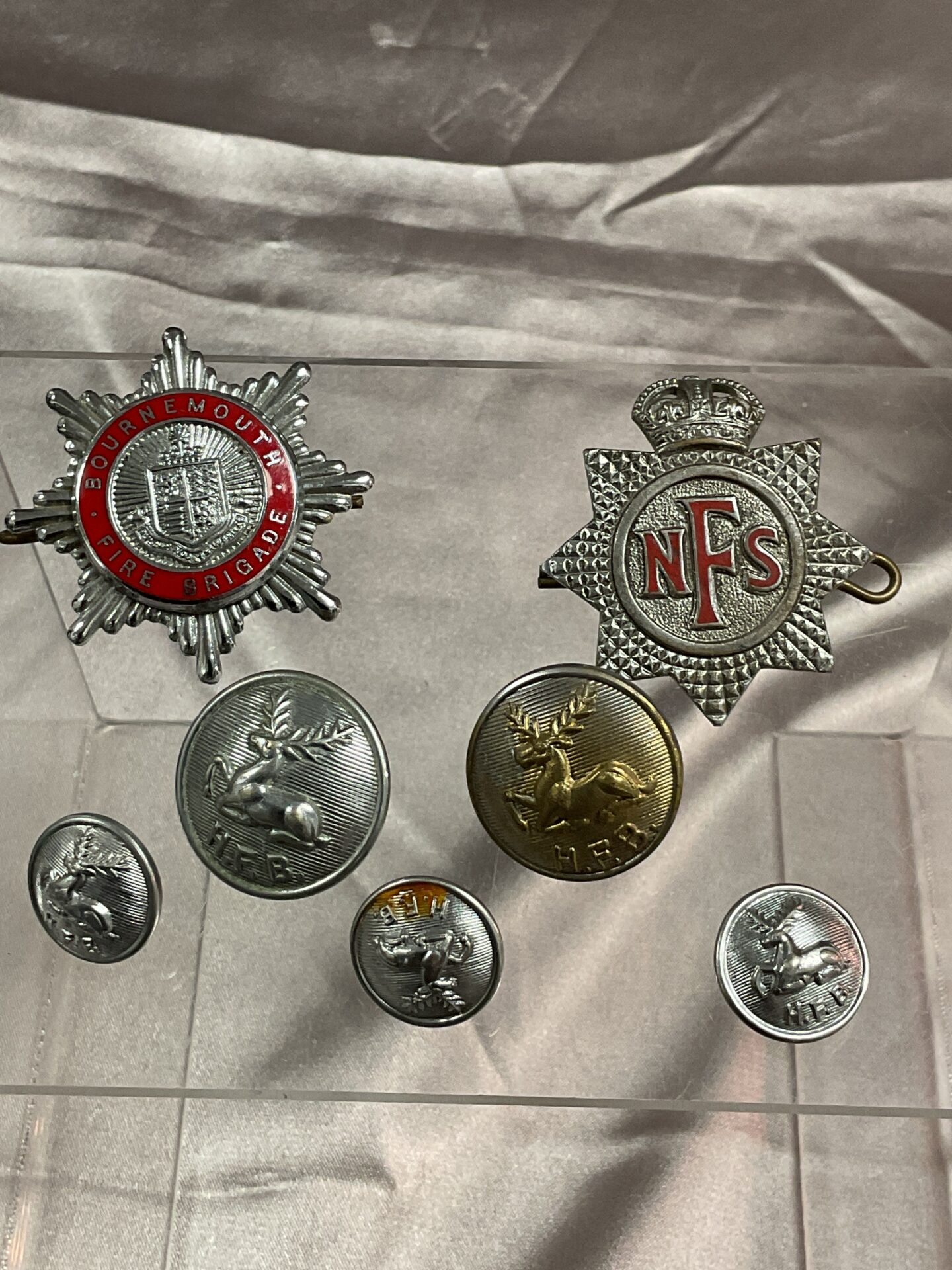 768 Two Fire brigade cap badges Bournemouth and W. W. 2 N. F.S and buttons