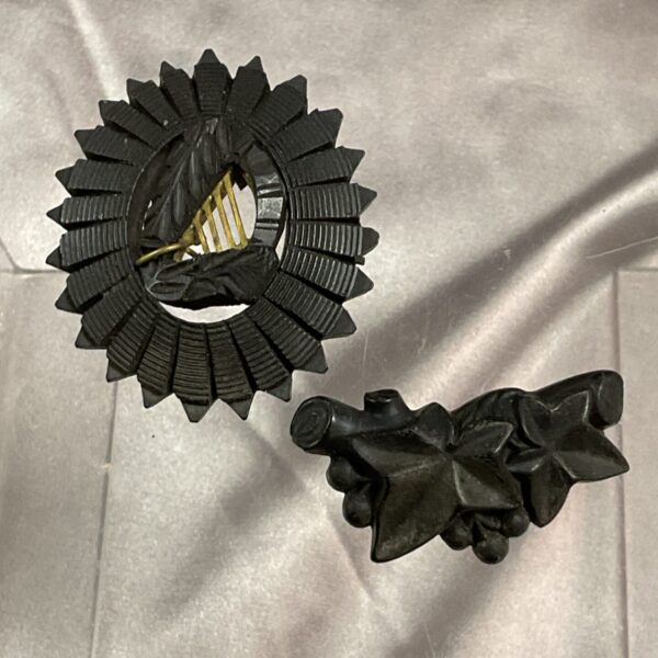 Antique Whitby jet brooch with floral design, Victorian jewellery.