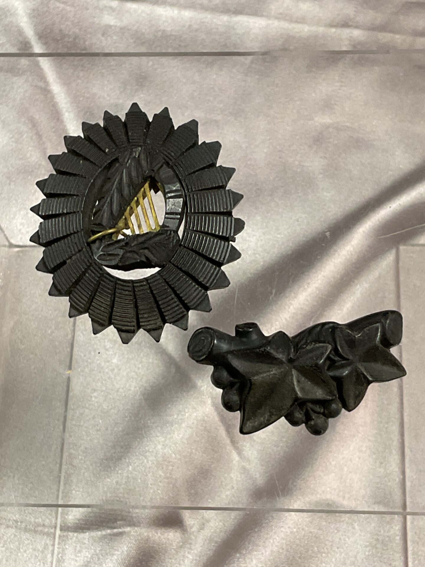 805 Two Antique Whitby jet brooches circa 1880 pin missing on one
