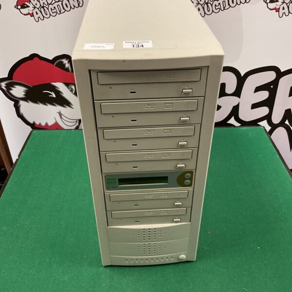PC tower with multiple DVD rewriter units inside.