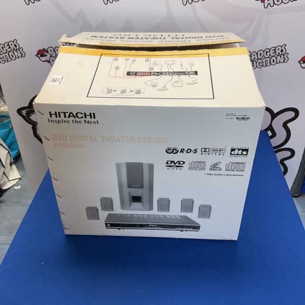 Hitachi HTDK180 DVD theater system with speakers and subwoofer.