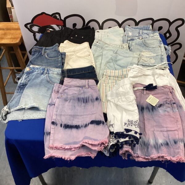 Bundle of fifteen pairs of hot pants, denim shorts and festival fashion.