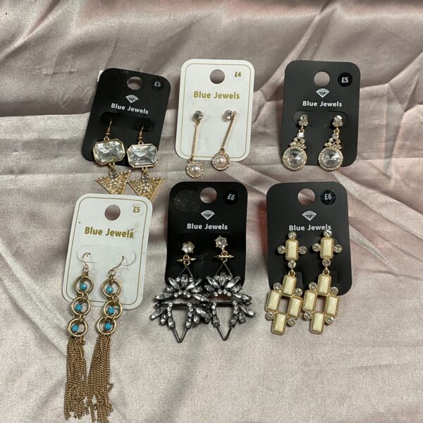 Six pairs of new blue drop earrings presented in a lot.