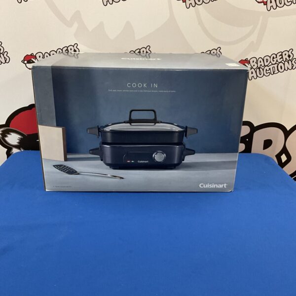 Black Cuisinart multi cooker kitchen appliance on a white background.