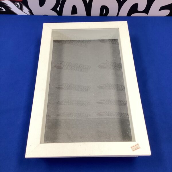 White Ikea wall mounted display cabinet for collectibles.