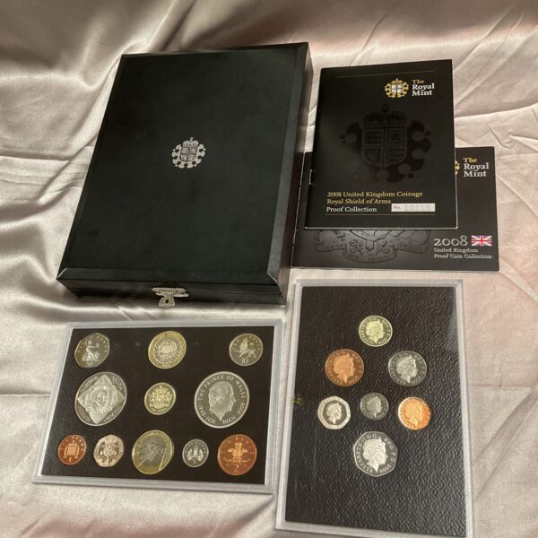 Black presentation case for the 2008 Royal Mint proof coin set.