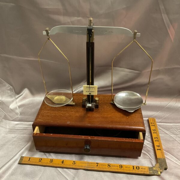 Antique apothecary scales by W A Webb Ltd in original mahogany box.