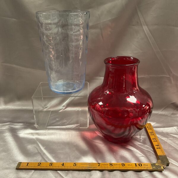 Vibrant red Whitefriars ribbed glass vase, mid century modern style.