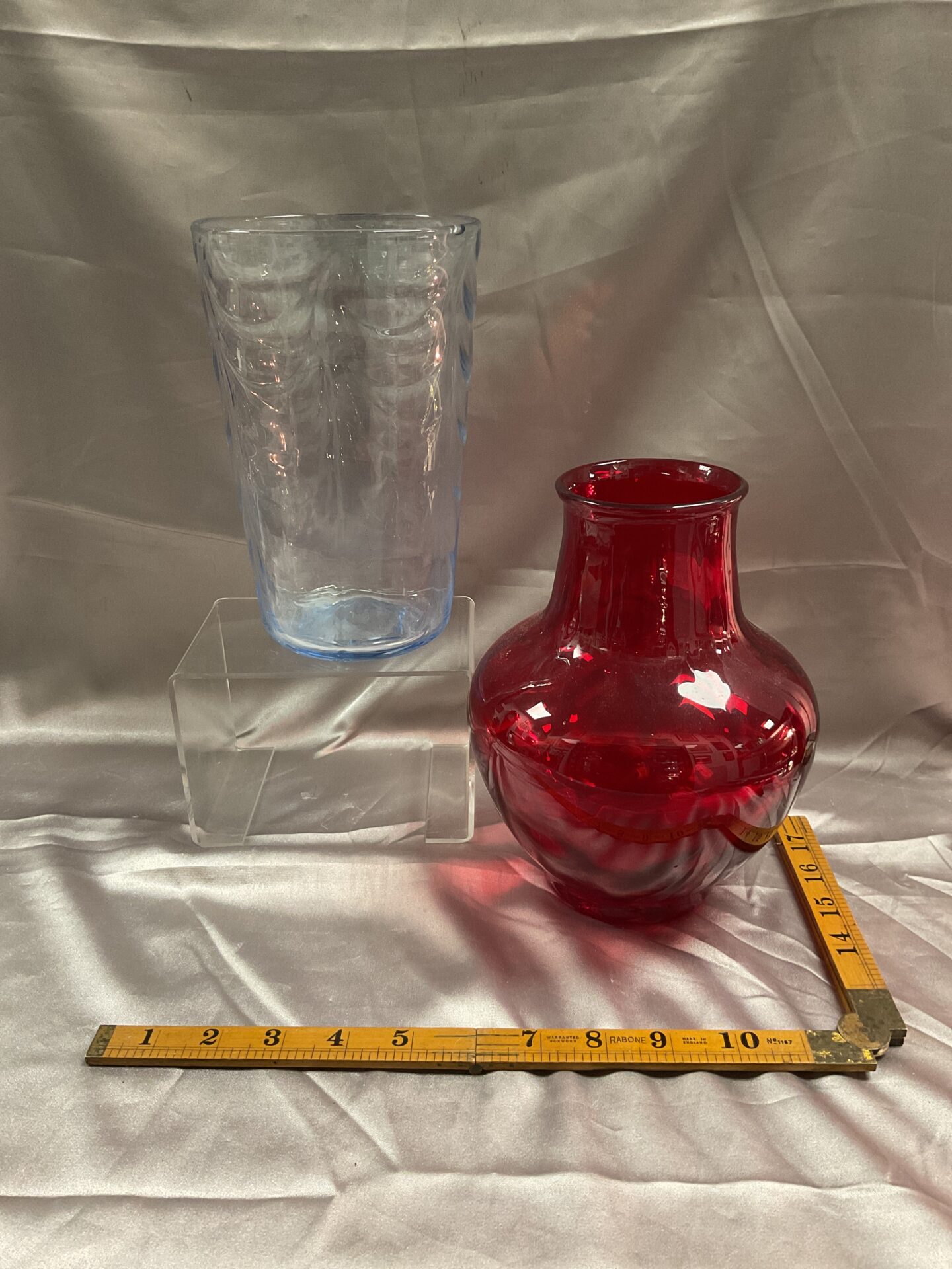 801 whitefriars ribbed Blue Tint vase and Red Whitefriars Vase