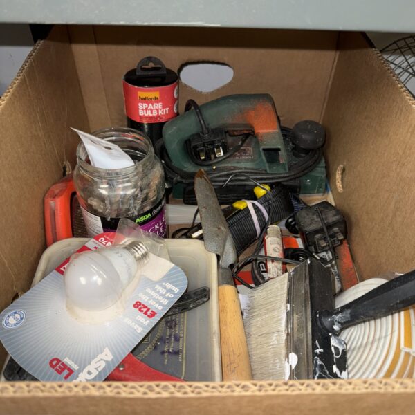 Assorted garden and DIY tools in a shed clearance lot.