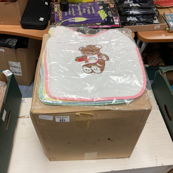 Boxed collection of vintage Farley Teddy Bear bibs.