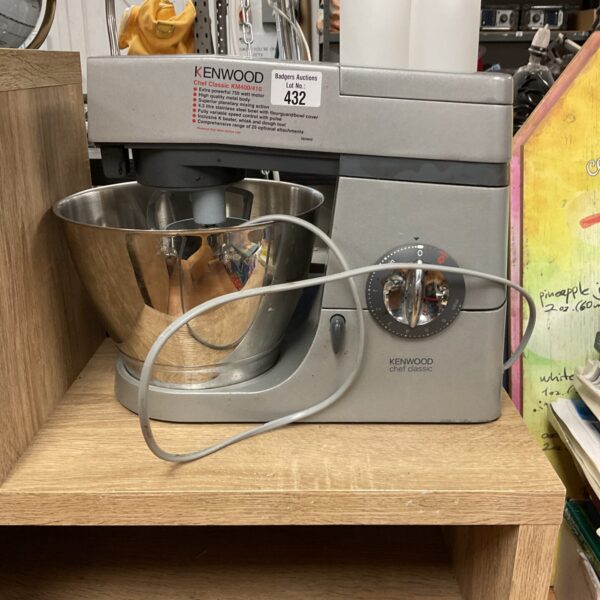 Vintage Kenwood Chef Classic food mixer in a kitchen setting.