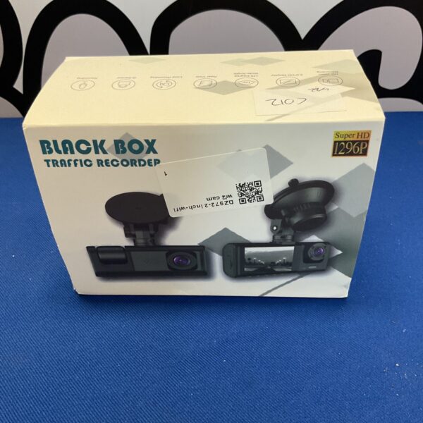 Black car dash camera with packaging, traffic recorder.