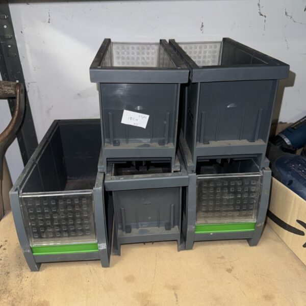 Five windowed plastic storage rack boxes for organisation.