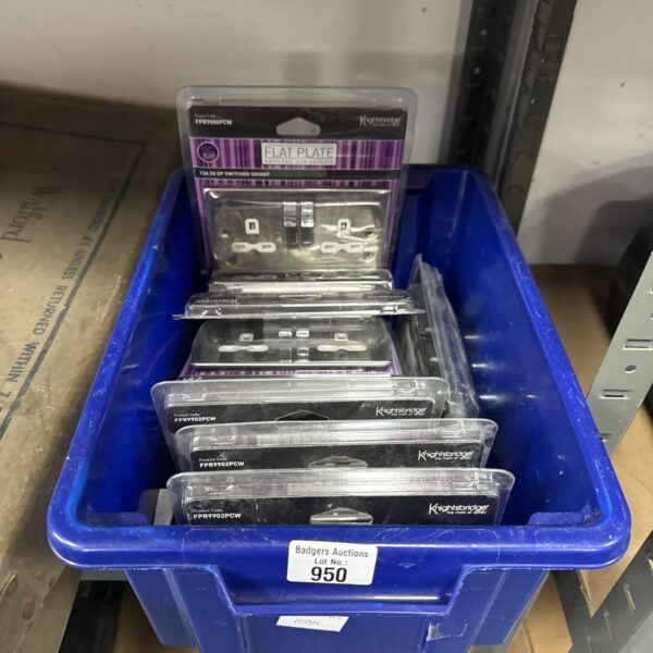 New Knightsbridge two-gang chrome wall sockets in a quantity lot.