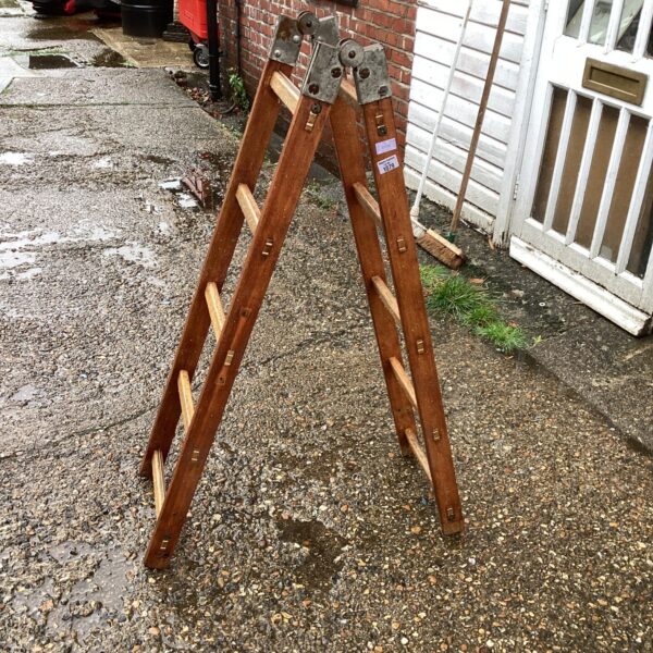 Vintage wooden folding ladder in a garden setting.