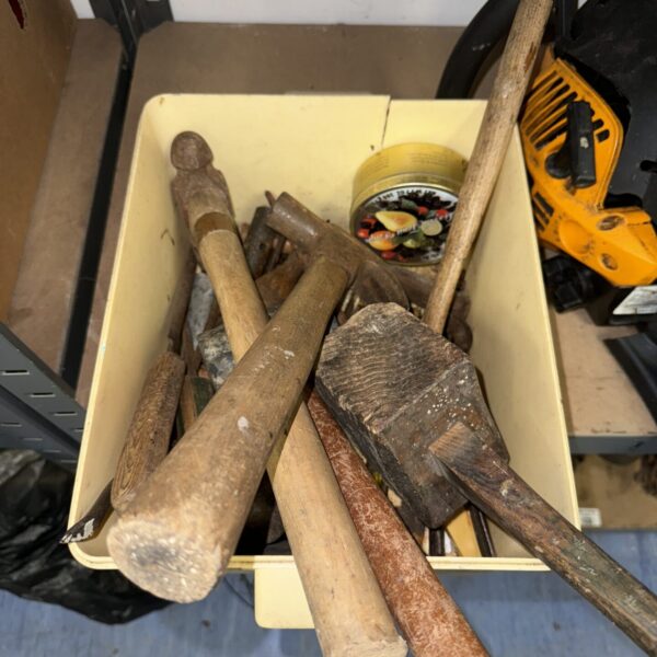Tray of assorted vintage hand tools including hammers and mallet.
