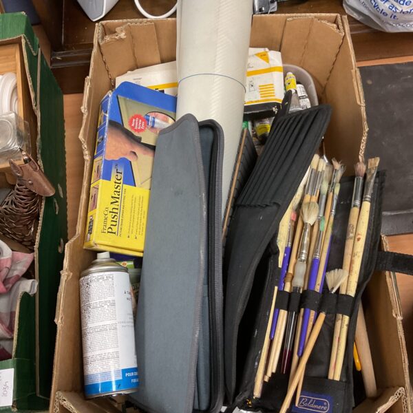 Mixed arts and crafts lot with brushes and paints.
