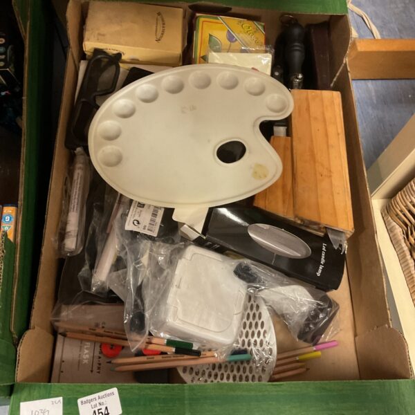 Mixed arts and crafts lot with paint palette and brushes.