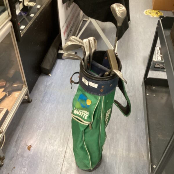 Left handed golf club set with Ping putter in green bag.
