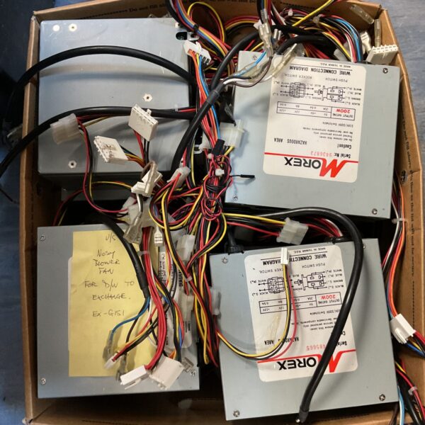 Internal view of a used PC power supply unit.