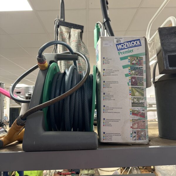 Used Hozelock Premier 3L garden pressure sprayer with hose reel.