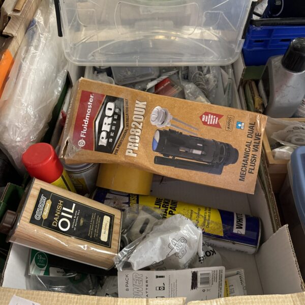 Mixed lot of shed clearance items including oil and paint.