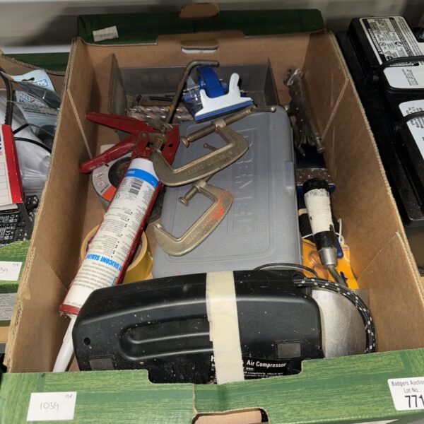 Assorted tools and hardware in a shed clearance lot.