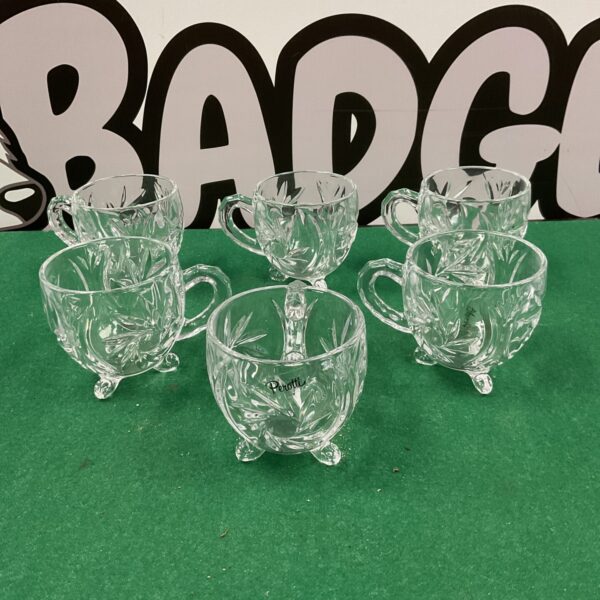 Set of six vintage Perotti cut glass cups with floral design.