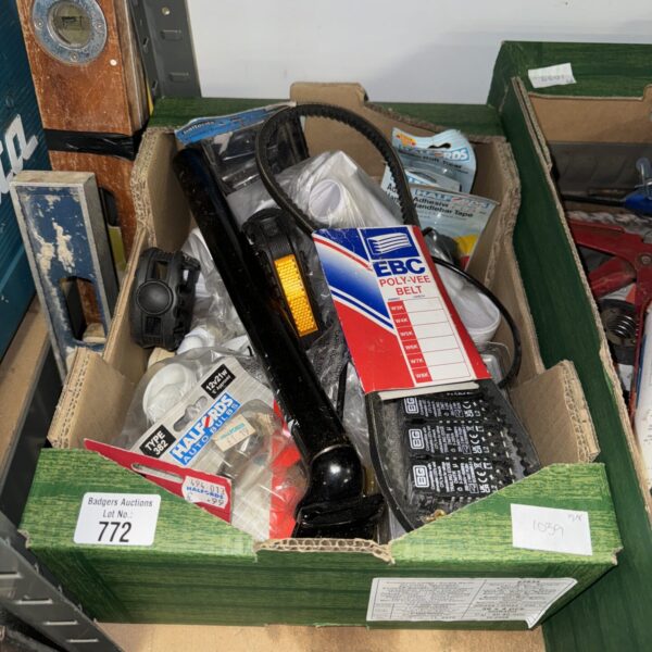 Mixed shed clearance lot with automotive parts and tools.