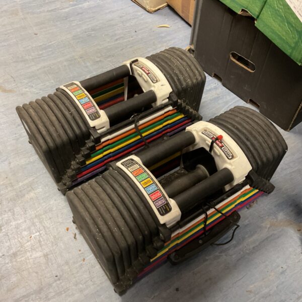 Powerblock Urethane dumbbells set for adjustable weight training.