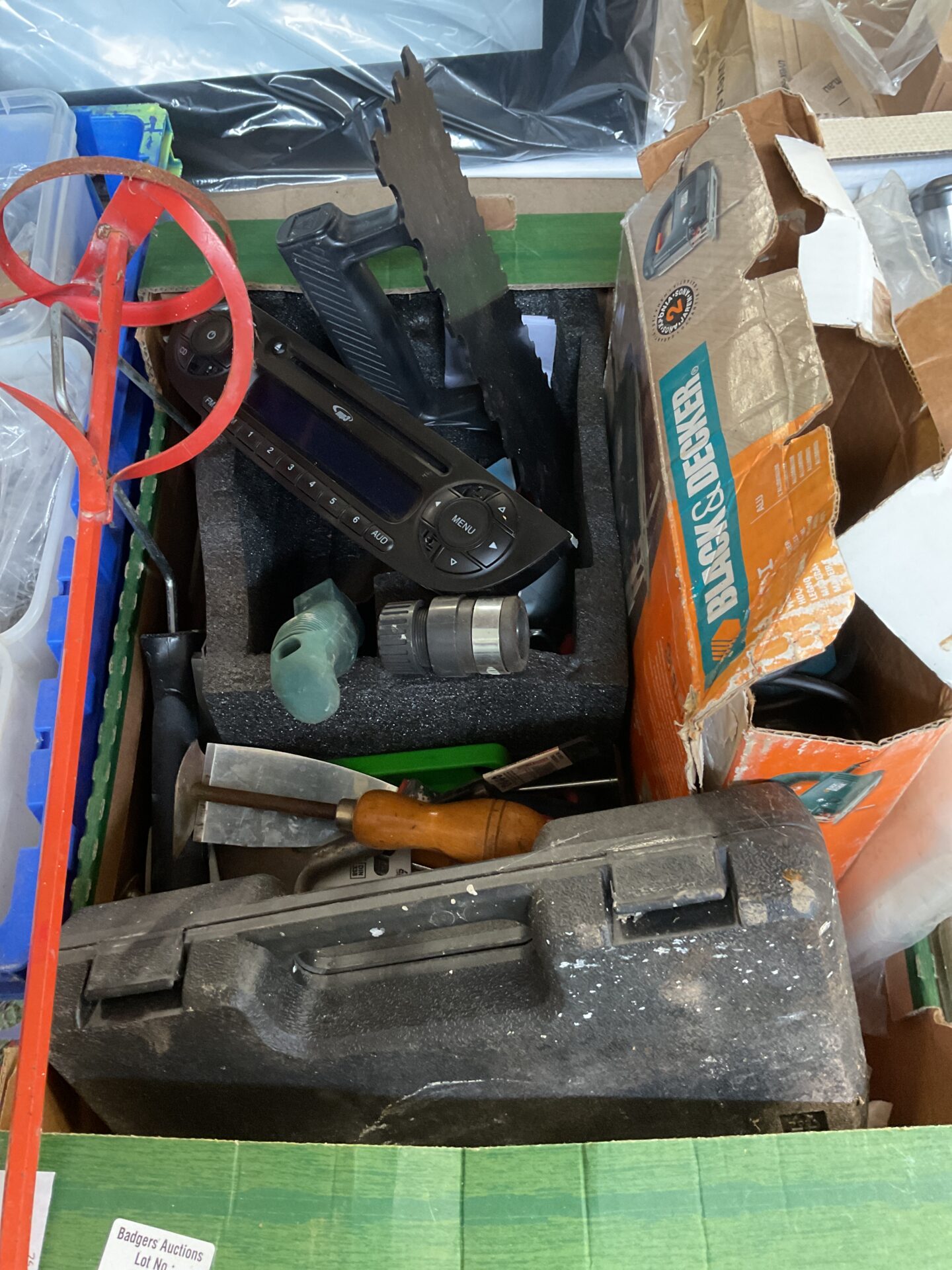 993 Tray mixed tools car mp3 cd radio black and decker jigsaw working and assorted tools