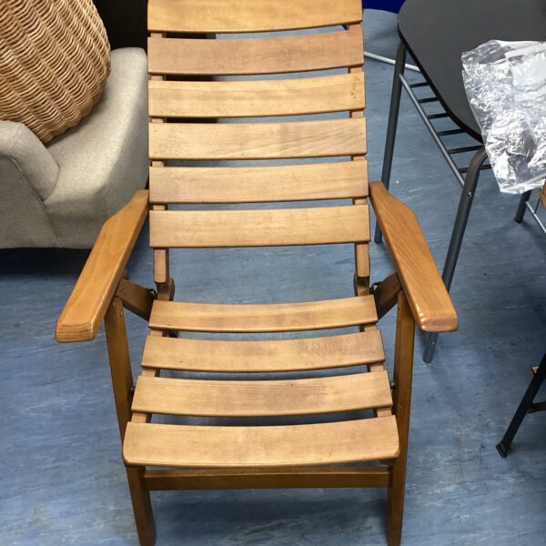 Vintage wooden folding garden chair with slatted seat and back.