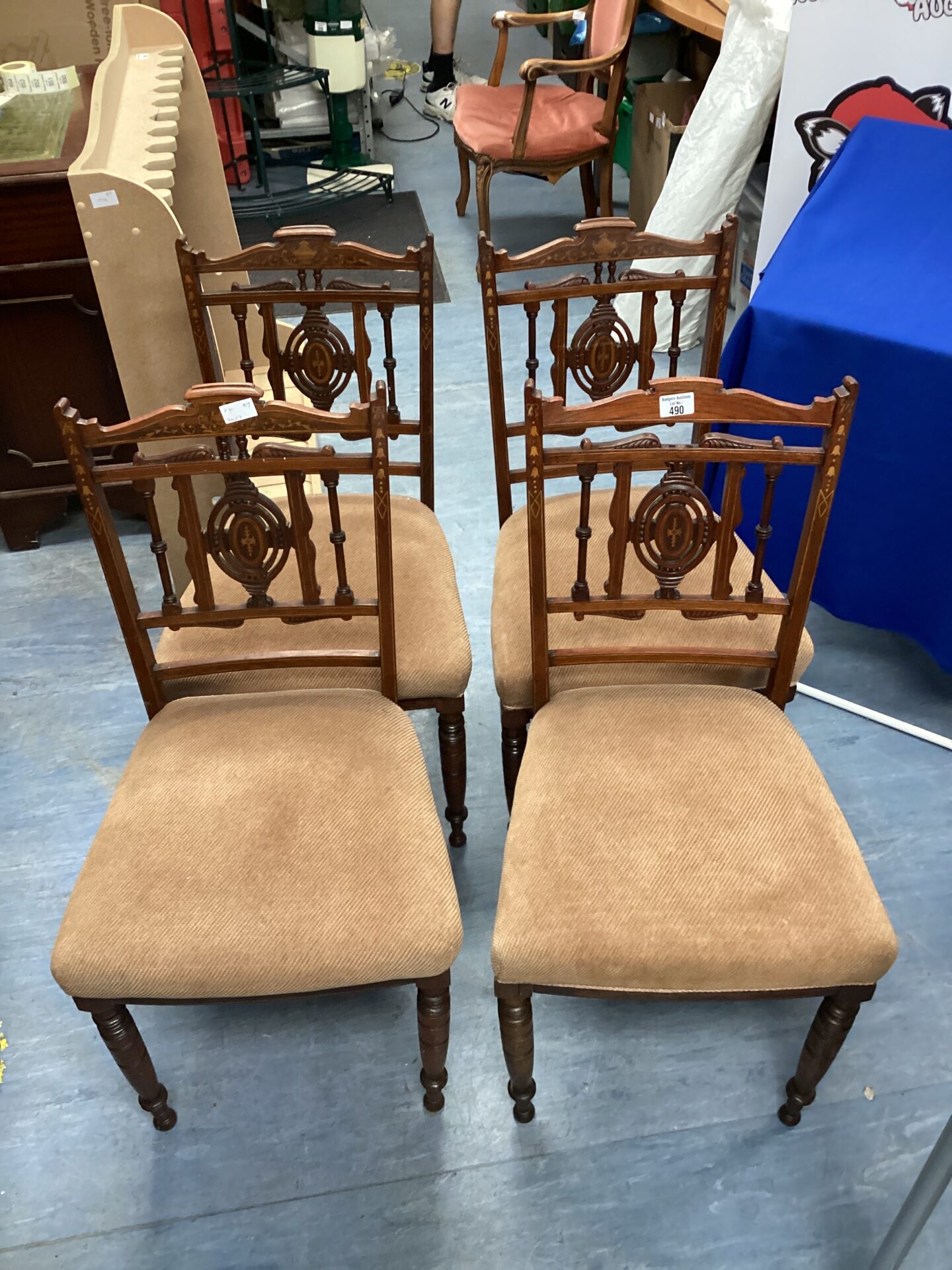 490 Set of Four vintage inlaid dining room chairs