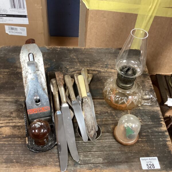 Mixed lot of vintage tools and collectibles including a wood plane.
