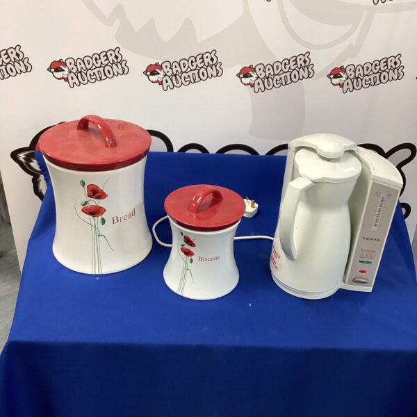 Vintage Tefal bread bin and water jug set for kitchen storage.