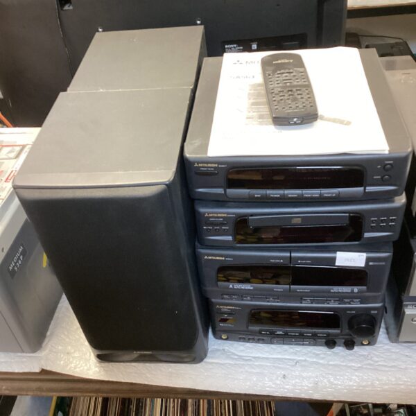 Vintage Mitsubishi SA563 mini hi-fi system with CD player and cassette deck.