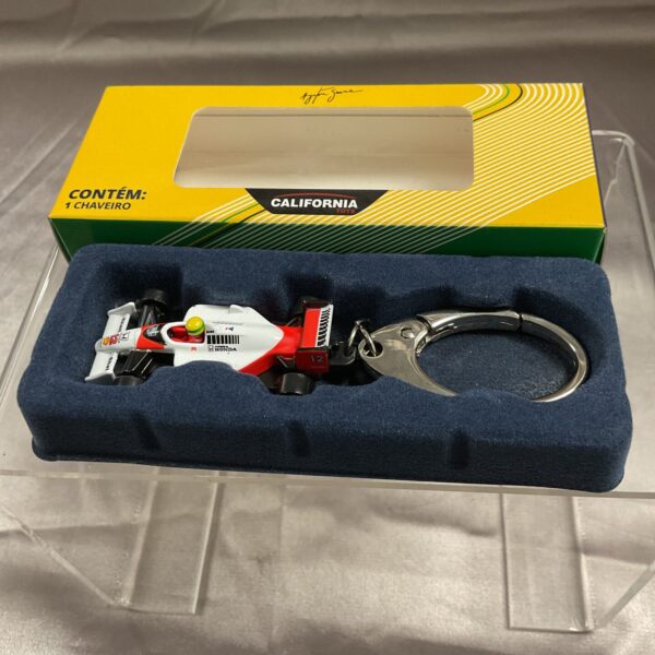 Detailed Ayrton Senna Mclaren racing keyring, Formula 1 collectible.