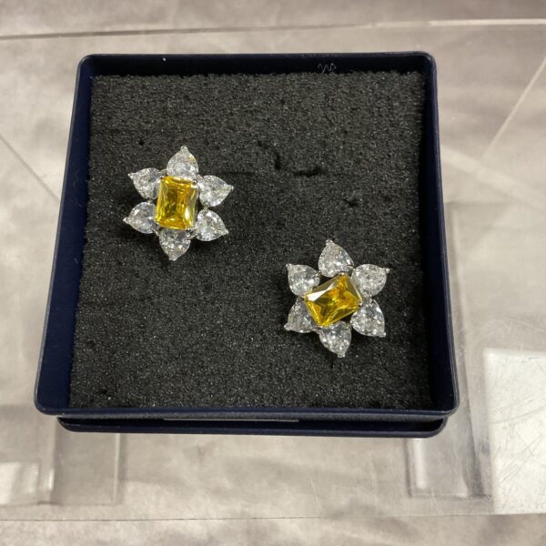 Close-up of vibrant citrine and white stone earrings on a dark background.