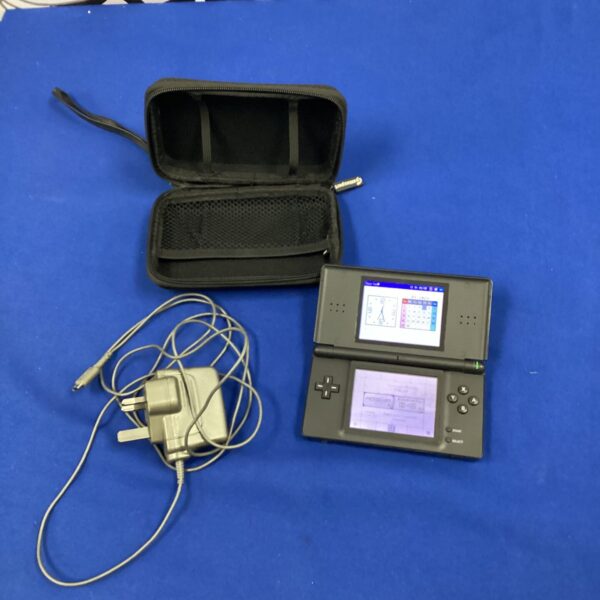Nintendo DS Lite console with charger and carry case for retro gaming.