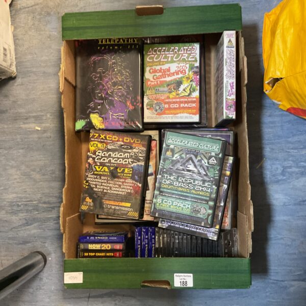 Collection of Drum and Bass CDs and DVDs in a box.