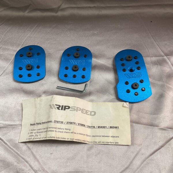 Blue Ripspeed rally pedals, alloy construction, automotive accessory.