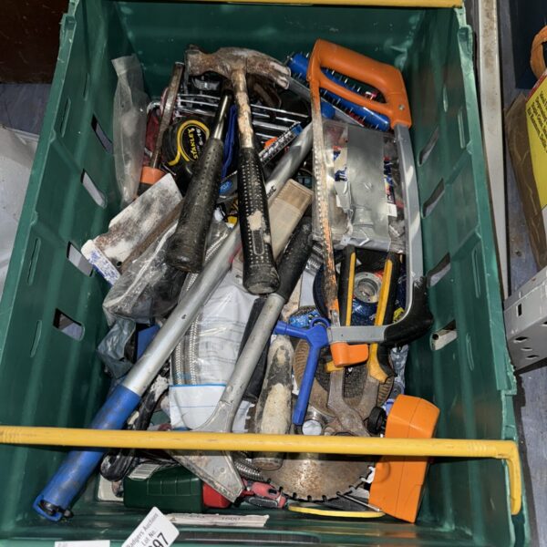 Tray of assorted vintage hand tools for workshop or DIY projects.