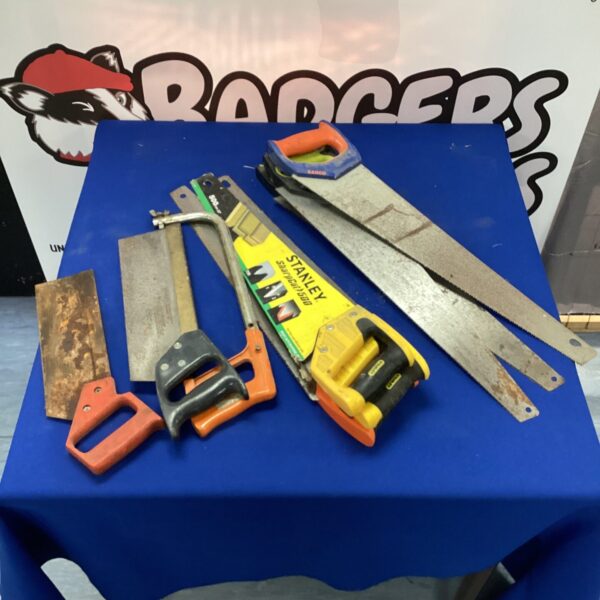 Vintage lot of hand saws including Stanley and Bahco brands.